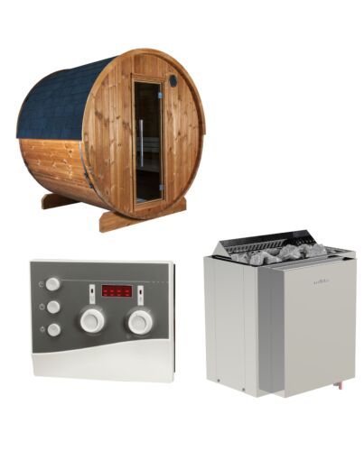 Sentiotec Sauna Set Fasssauna Kaski 180 Panorama mit Saunaofen Viking Combi und Steuerung K3-Next | klimaworld.com