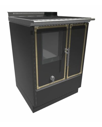 Holzherd Beistellherd KE60W KitchenKamin Farbe schwarz Messing Zierleiste