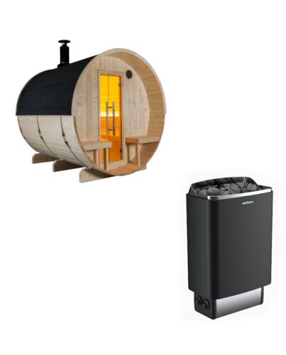 Sentiotec Sauna Set Fasssauna Kuusi 240 Canopy mit Saunaofen 100 inkl. Steuerung | klimaworld.com