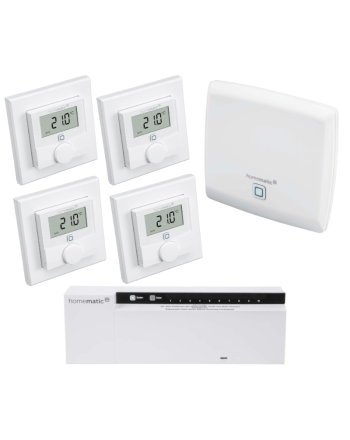 Homematic IP Fußbodenheizungssteuerung Set mit Access Point, Fußbodenheizungsaktor 10-fach, 4 x Wandthermostat, | eQ-3 | HmIP-EK-3 ➔ www.klimaworld.com