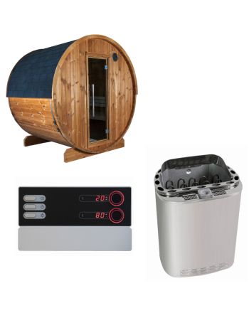 Sentiotec Sauna Set Fasssauna Kaski 180 Panorama mit Saunaofen Scandia Next Combi und Steuerung Pro B3 | klimaworld.com