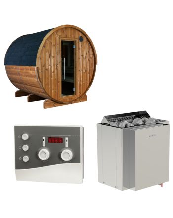 Sentiotec Sauna Set Fasssauna Kaski 220 View mit Saunaofen Viking Combi und Steuerung K3-Next | klimaworld.com